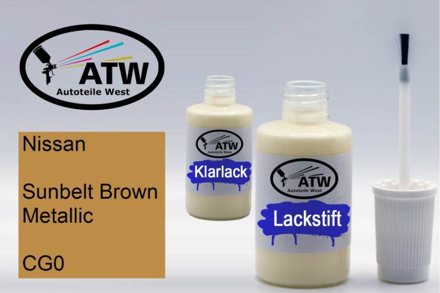 Nissan, Sunbelt Brown Metallic, CG0: 20ml Lackstift + 20ml Klarlack - Set, von ATW Autoteile West.